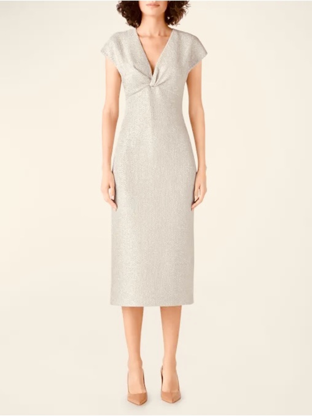 St. John New Twist Front Embellished Midi Dress In Ecru Gold Size 14